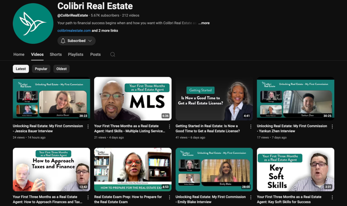Screenshot of Colibri Real Estate's YouTube page