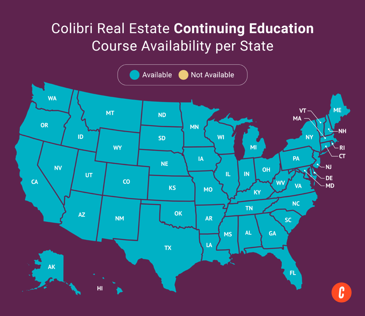 A U.S. map with states where Colibri Real Estate’s available continuing education courses are shaded