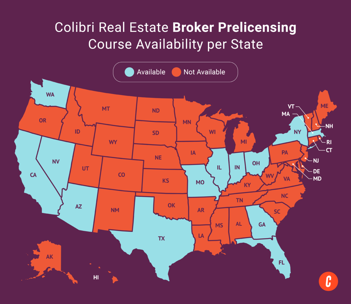 A U.S. map with states where Colibri Real Estate’s available broker prelicensing courses are shaded