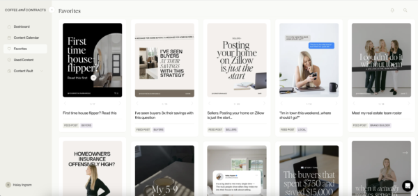 Coffee & Contracts dashboard with favorite posts selected.
