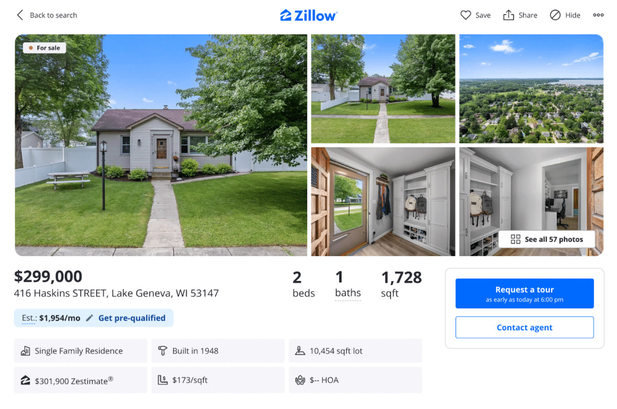 A property listing on Zillow with pictures and details of the property along with the Zestimate.